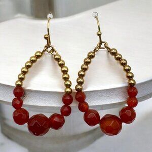 Reddish Orange Bead Earrings Dangle Drop Gold Tone Faceted Boho